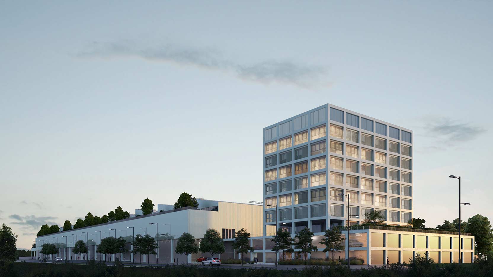 Éléments en béton gris lisse préfabriqués par PREGA pour le Technocentre Atlanta R+9 à Toulouse.